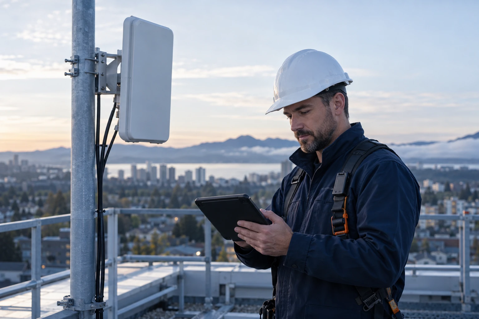 Illustrative image of a telecom engineer inspecting a tablet beside generic fixed wireless equipment on a safely railed rooftop